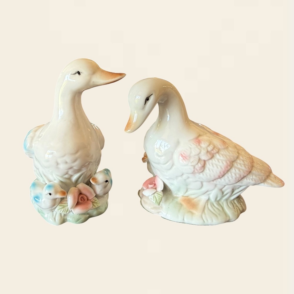 Vintage Ceramic Duck Figurines Set of 2 Mother and Ducklings Pink Blue Roses